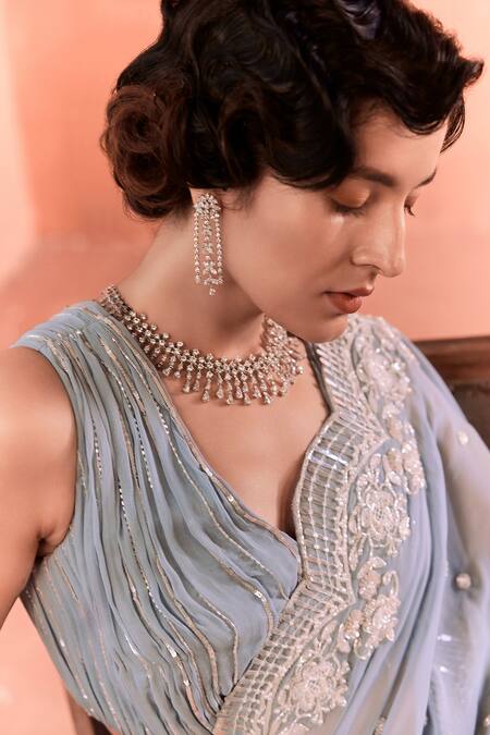 Buy_Summer By Priyanka Gupta_Blue Georgette Sequins, Embroidery V-neck Adenna Rays Saree Set_Online_at_Aza_Fashions