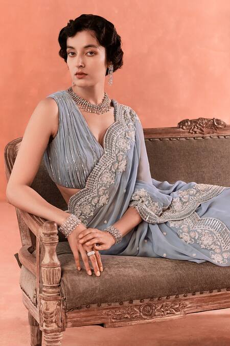 Summer By Priyanka Gupta_Blue Georgette Sequins, Embroidery V-neck Adenna Rays Saree Set_at_Aza_Fashions