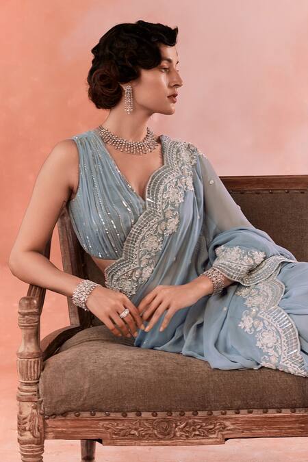 Buy_Summer By Priyanka Gupta_Blue Georgette Sequins, Embroidery V-neck Adenna Rays Saree Set
