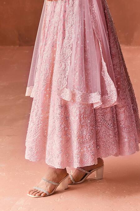Summer By Priyanka Gupta_Pink Georgette, Net Embroidery, Sequins V-neck Garden Anarkali Set_at_Aza_Fashions