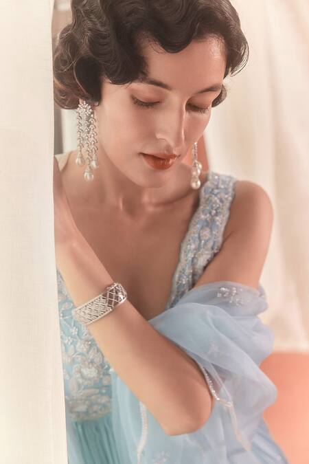 Buy_Summer By Priyanka Gupta_Cobalt Georgette, Organza Embroidery, Mirrors Citrus Blue Adena Anarkali Set_Online_at_Aza_Fashions