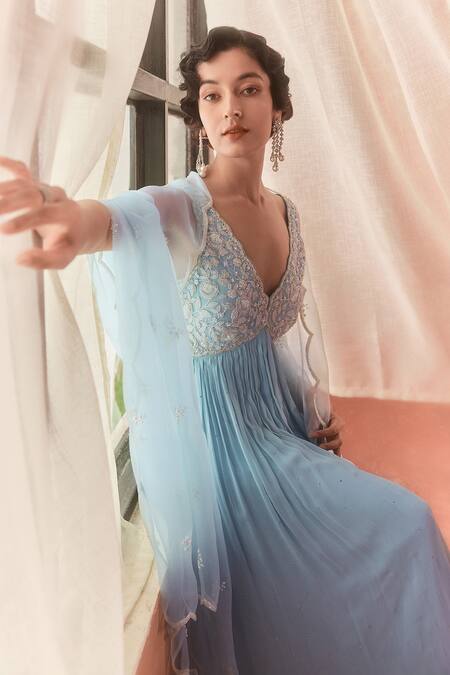 Shop_Summer By Priyanka Gupta_Cobalt Georgette, Organza Embroidery, Mirrors Citrus Blue Adena Anarkali Set