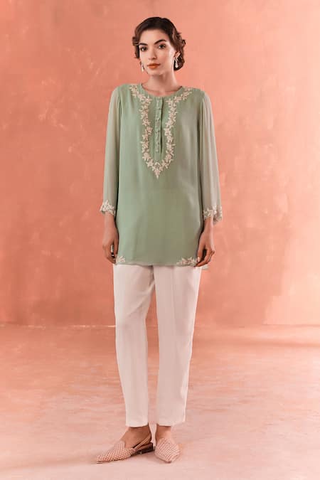 Summer by Priyanka Gupta Green Georgette Embroidery Round Neck Adena Tunic 