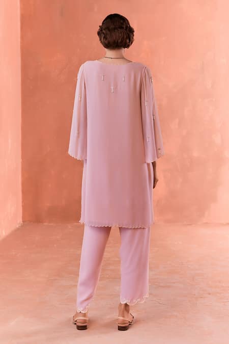 Shop Summer By Priyanka Gupta Pink Georgette Embroidery V-neck Bow Co-ord Kurta Set at Aza Fashions Shop_Summer By Priyanka Gupta_Pink Georgette Embroidery V-neck Bow Co-ord Kurta Set_at_Aza_Fashions