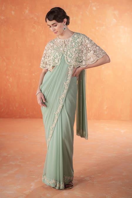 Summer by Priyanka Gupta Teal Adena Poncho Saree Set 