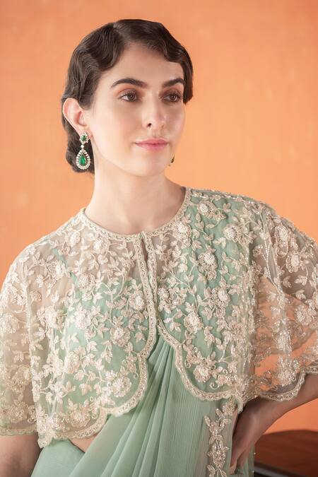 Summer By Priyanka Gupta_Teal Chiffon, Georgette, Net Embroidery Round Neck Adena Poncho Saree Set_Online_at_Aza_Fashions