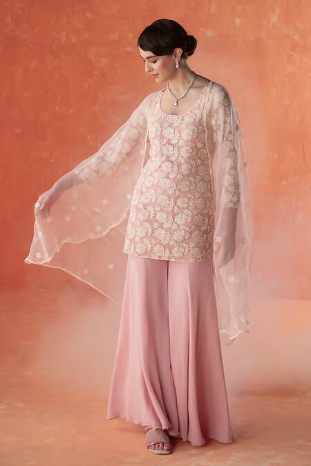 Buy_Summer By Priyanka Gupta_Pink Organza, Georgette Embroidery Round Neck Folliage Kurta Set_Online_at_Aza_Fashions
