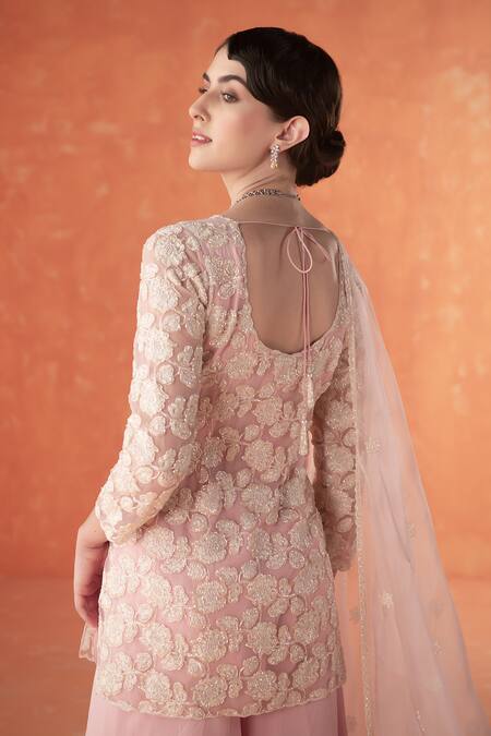 Buy_Summer By Priyanka Gupta_Pink Organza, Georgette Embroidery Round Neck Folliage Kurta Set