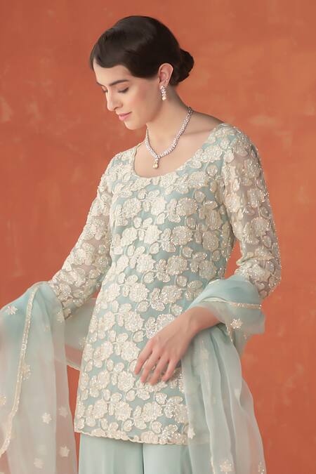 Buy_Summer By Priyanka Gupta_Cobalt Organza, Georgette Embroidery Round Neck Folliage Kurta Set_Online_at_Aza_Fashions