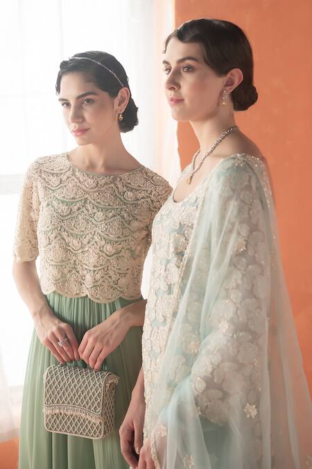 Shop_Summer By Priyanka Gupta_Cobalt Organza, Georgette Embroidery Round Neck Folliage Kurta Set_Online_at_Aza_Fashions
