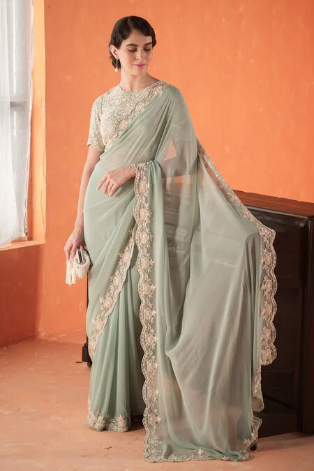 Summer By Priyanka Gupta_Green Georgette Embroidery Round Neck Chandelier Saree Set_at_Aza_Fashions