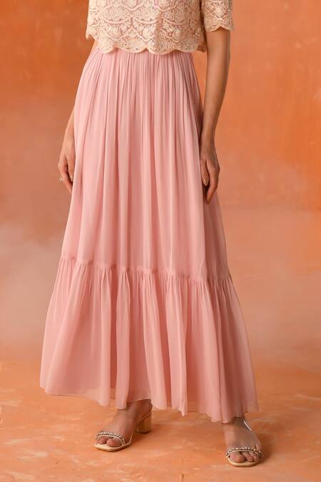 Summer By Priyanka Gupta_Pink Georgette, Net Embroidery Round Neck Chandelier Dress With Overlay Top_Online_at_Aza_Fashions