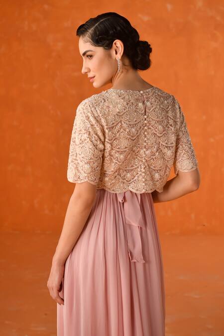 Buy_Summer By Priyanka Gupta_Pink Georgette, Net Embroidery Round Neck Chandelier Dress With Overlay Top_Online_at_Aza_Fashions