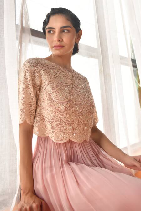 Summer By Priyanka Gupta_Pink Georgette, Net Embroidery Round Neck Chandelier Dress With Overlay Top_at_Aza_Fashions