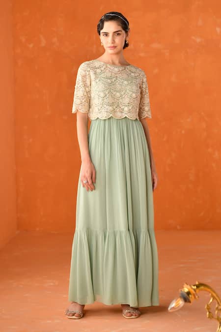 Summer by Priyanka Gupta Green Chandelier Dress with Overlay Top 