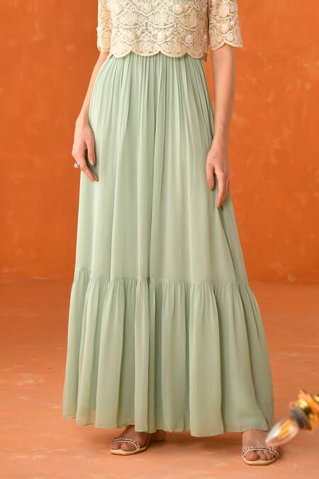 Summer By Priyanka Gupta_Green Georgette, Net Embroidery Round Neck Chandelier Dress With Overlay Top_Online_at_Aza_Fashions