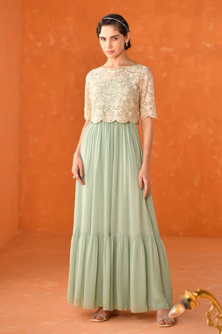 Buy_Summer By Priyanka Gupta_Green Georgette, Net Embroidery Round Neck Chandelier Dress With Overlay Top_Online_at_Aza_Fashions