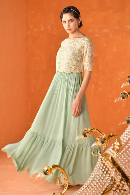 Summer By Priyanka Gupta_Green Georgette, Net Embroidery Round Neck Chandelier Dress With Overlay Top_at_Aza_Fashions