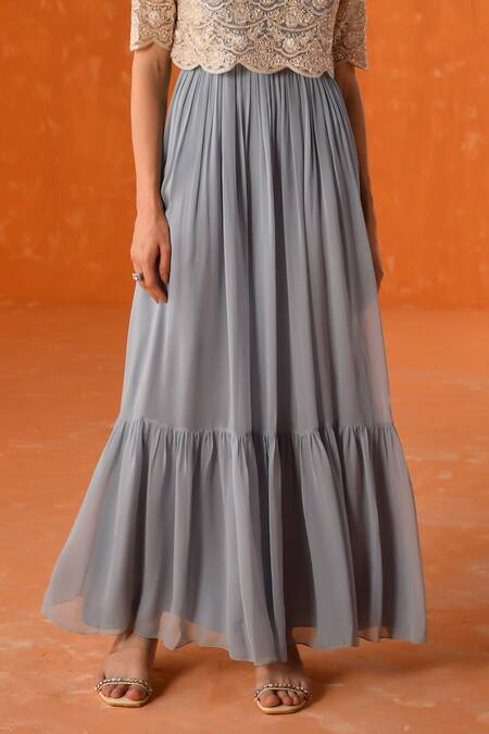 Summer By Priyanka Gupta_Blue Georgette, Net Embroidery Round Neck Chandelier Dress With Overlay_Online_at_Aza_Fashions