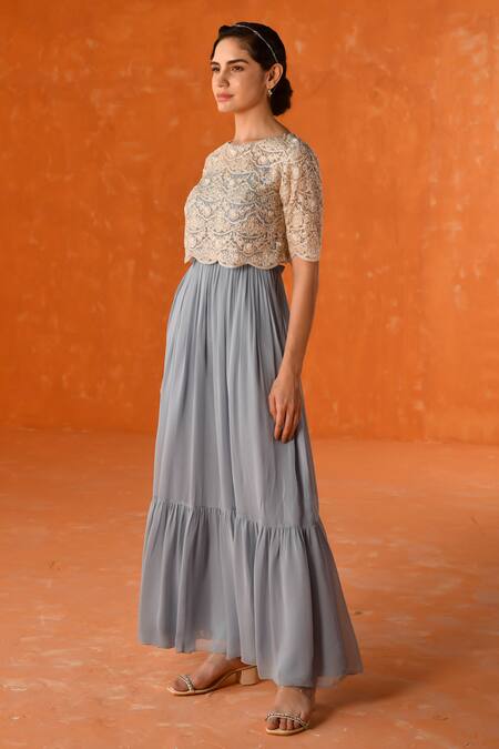 Buy_Summer By Priyanka Gupta_Blue Georgette, Net Embroidery Round Neck Chandelier Dress With Overlay_Online_at_Aza_Fashions