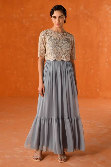 Summer By Priyanka Gupta_Blue Georgette, Net Embroidery Round Neck Chandelier Dress With Overlay_at_Aza_Fashions