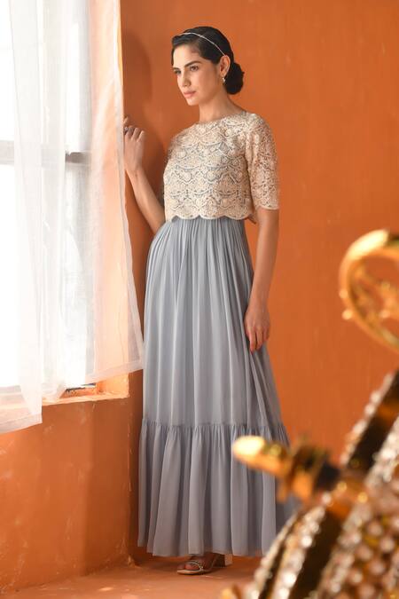 Buy_Summer By Priyanka Gupta_Blue Georgette, Net Embroidery Round Neck Chandelier Dress With Overlay