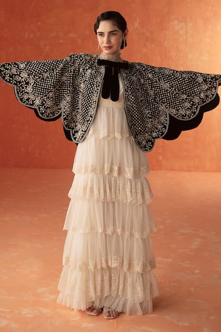 Summer by Priyanka Gupta Black Embroidered Velvet Poncho 