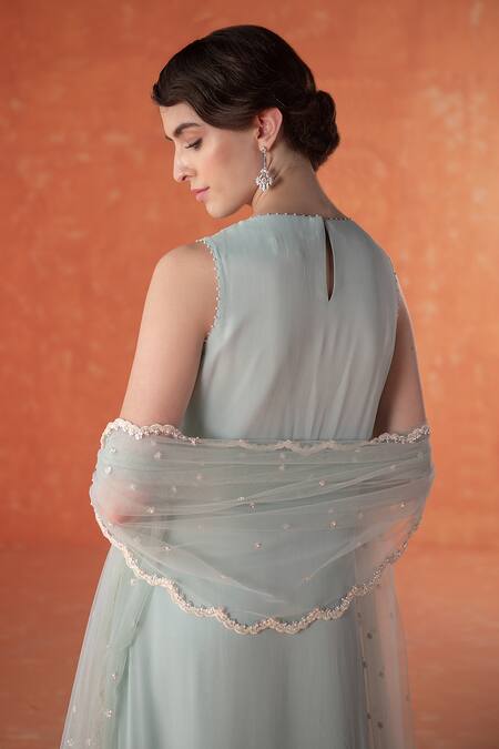 Summer By Priyanka Gupta_Cobalt Georgette, Net Sequins Round Neck Citrus Blue A-line Long Kurta Set_Online_at_Aza_Fashions