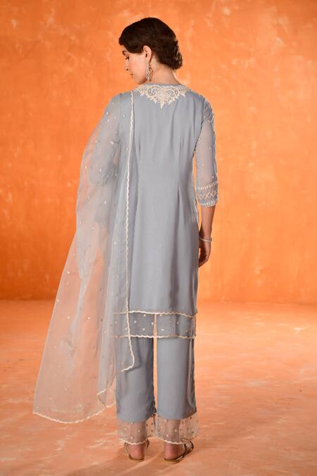 Shop_Summer By Priyanka Gupta_Blue Georgette, Organza Embroidery Round Neck Asteria Straight Kurta Set_at_Aza_Fashions