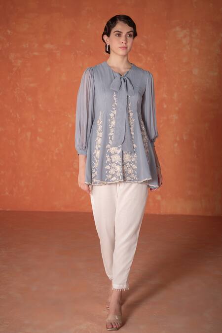Summer By Priyanka Gupta_Blue Georgette Embroidery Round Neck Stone Godet Tunic_Online_at_Aza_Fashions