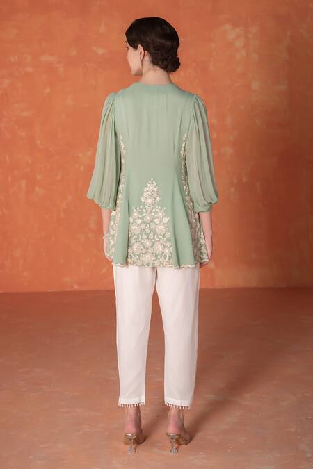 Summer By Priyanka Gupta_Teal Georgette Embroidery Round Neck Godet Tunic_Online_at_Aza_Fashions