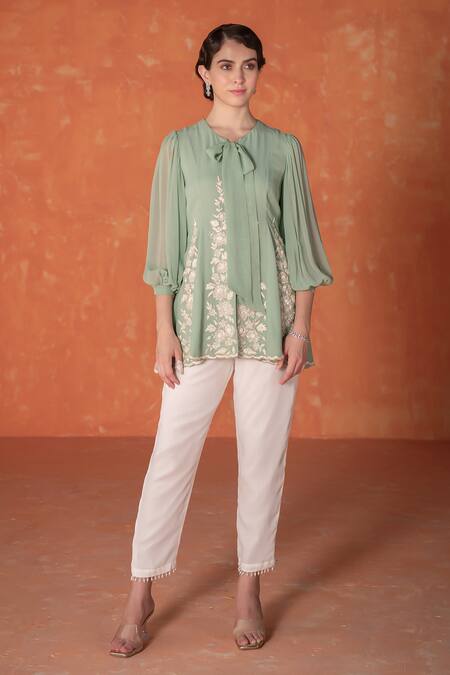Buy_Summer By Priyanka Gupta_Teal Georgette Embroidery Round Neck Godet Tunic_Online_at_Aza_Fashions
