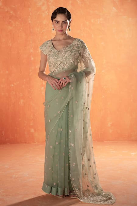 Summer by Priyanka Gupta Teal Organza Embroidered Sparrow Saree Set 