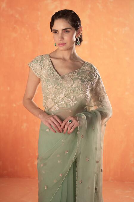 Buy_Summer By Priyanka Gupta_Teal Organza, Georgette Embroidery V-neck Sparrow Saree Set_Online_at_Aza_Fashions