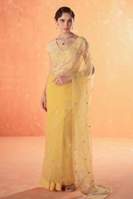 Summer by Priyanka Gupta Yellow Organza Embroidered Sparrow Saree 