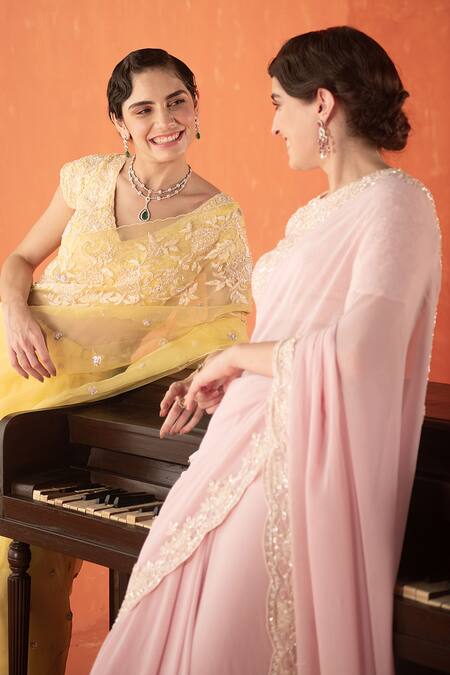 Buy_Summer By Priyanka Gupta_Yellow Organza, Georgette Sequins, Embroidery V-neck Sparrow Saree_Online_at_Aza_Fashions