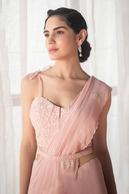 Buy_Summer By Priyanka Gupta_Pink Chiffon, Georgette Embroidery Sweetheart Neck Dandelion Saree Set_Online_at_Aza_Fashions