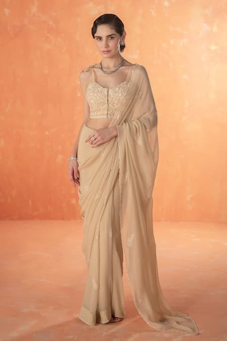 Summer by Priyanka Gupta Beige Dandelion Chiffon Saree Set 