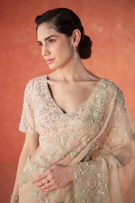 Summer By Priyanka Gupta_Beige Organza Sequins, Beads, Embroidery V-neck Wild Rose Dori Saree Set_Online_at_Aza_Fashions