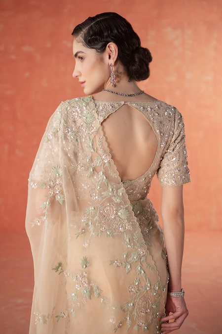 Buy_Summer By Priyanka Gupta_Beige Organza Sequins, Beads, Embroidery V-neck Wild Rose Dori Saree Set_Online_at_Aza_Fashions