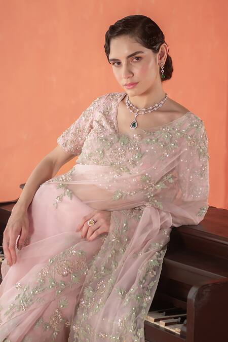 Buy_Summer By Priyanka Gupta_Pink Organza Sequins, Embroidery V-neck Wild Rose Dori Saree With Blouse_Online_at_Aza_Fashions