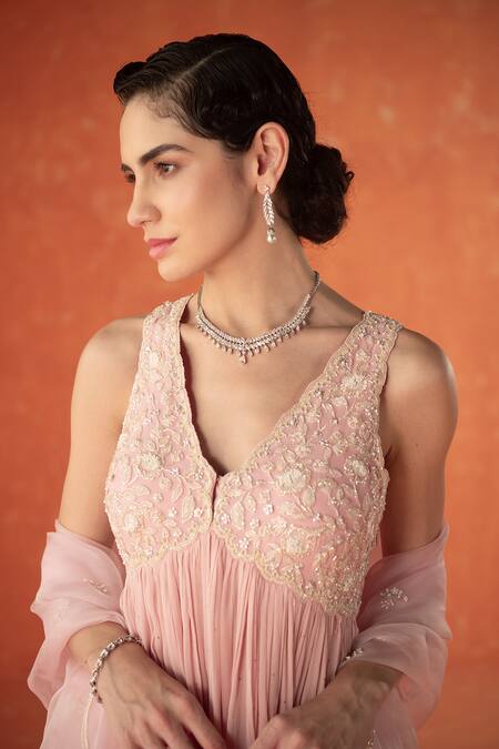 Summer By Priyanka Gupta Pink Georgette, Organza Beads, Mirrors V-neck Adena Anarkali Set Online at Aza Fashions Summer By Priyanka Gupta_Pink Georgette, Organza Beads, Mirrors V-neck Adena Anarkali Set_Online_at_Aza_Fashions