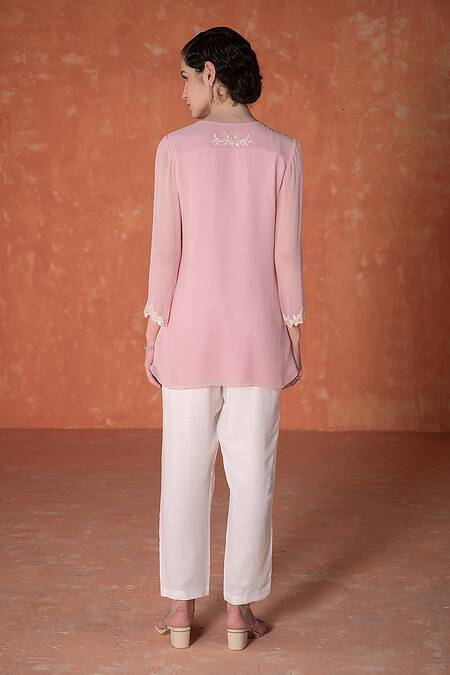 Shop Summer By Priyanka Gupta Pink Georgette Embroidery Round Neck Adena Tunic at Aza Fashions Shop_Summer By Priyanka Gupta_Pink Georgette Embroidery Round Neck Adena Tunic_at_Aza_Fashions