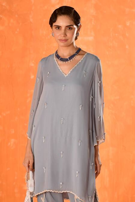 Summer By Priyanka Gupta Blue Georgette Round Neck Stone Bow Co-ord Set Online at Aza Fashions Summer By Priyanka Gupta_Blue Georgette Round Neck Stone Bow Co-ord Set_Online_at_Aza_Fashions