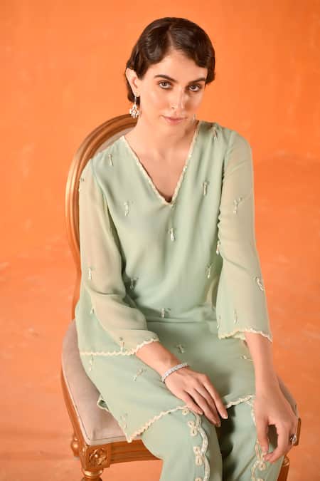 Shop_Summer By Priyanka Gupta_Green Georgette Embroidery V-neck Bow Co-ord Set_Online_at_Aza_Fashions