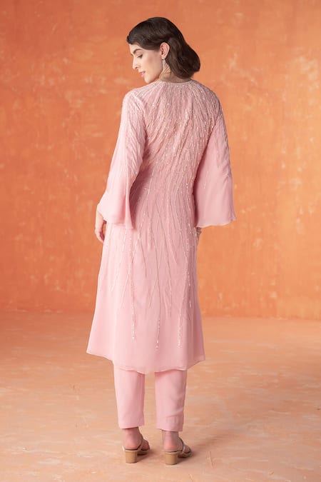 Shop Summer By Priyanka Gupta Pink Georgette Sequins, Embroidery Round Neck Rays Tunic Kurta Set at Aza Fashions Shop_Summer By Priyanka Gupta_Pink Georgette Sequins, Embroidery Round Neck Rays Tunic Kurta Set_at_Aza_Fashions