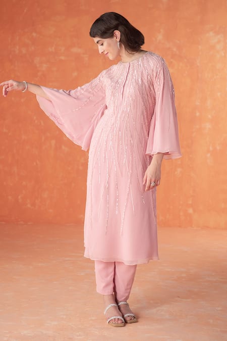 Buy Summer By Priyanka Gupta Pink Georgette Sequins, Embroidery Round Neck Rays Tunic Kurta Set Online at Aza Fashions Buy_Summer By Priyanka Gupta_Pink Georgette Sequins, Embroidery Round Neck Rays Tunic Kurta Set_Online_at_Aza_Fashions