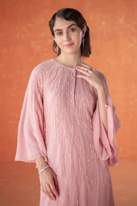 Summer By Priyanka Gupta Pink Georgette Sequins, Embroidery Round Neck Rays Tunic Kurta Set at Aza Fashions Summer By Priyanka Gupta_Pink Georgette Sequins, Embroidery Round Neck Rays Tunic Kurta Set_at_Aza_Fashions