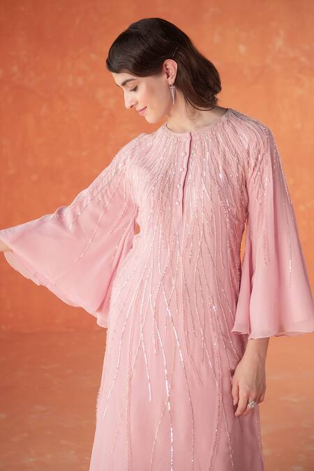 Buy Summer By Priyanka Gupta Pink Georgette Sequins, Embroidery Round Neck Rays Tunic Kurta Set Buy_Summer By Priyanka Gupta_Pink Georgette Sequins, Embroidery Round Neck Rays Tunic Kurta Set