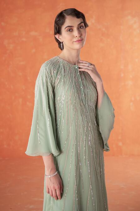 Buy_Summer By Priyanka Gupta_Green Georgette Sequins Button-down Neck Rays Kurta Set_Online_at_Aza_Fashions